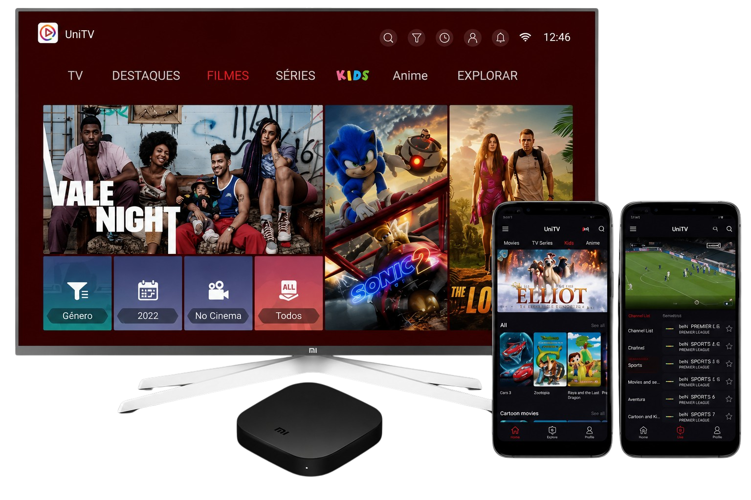 App UniTV mostrando canais ao vivo filmes e séries em HD